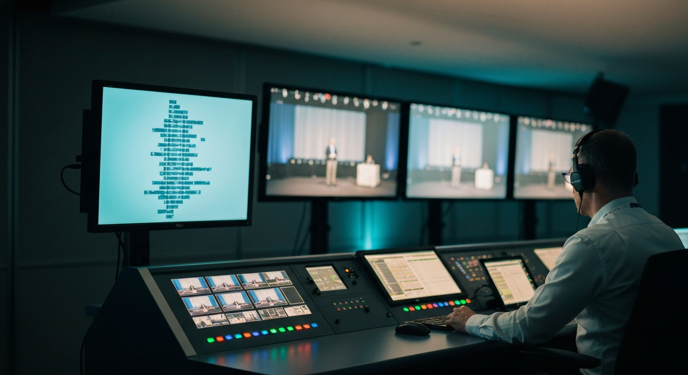 Broadcast control room operator monitoring a multi-screen wall while live navigation titles populate a side panel during a conference broadcast