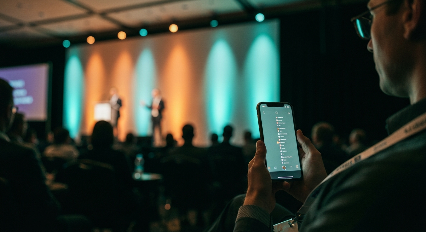 Conference attendee in a session room scrolling a phone screen showing real-time navigation titles down a live broadcast timeline