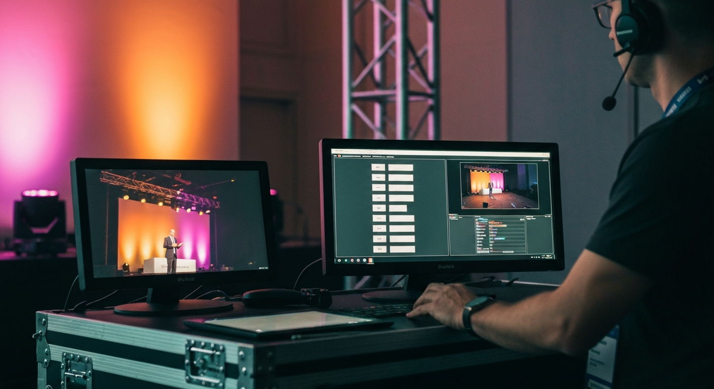 Content producer at a side-stage workstation reviewing live navigation title candidates on a monitor before they post to the broadcast surface