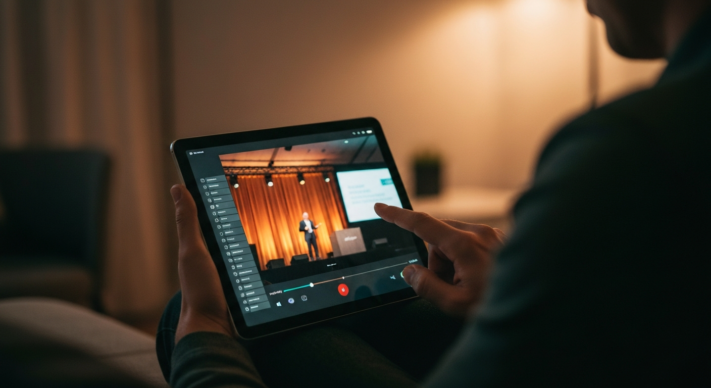 Remote viewer at home on a tablet clicking through a scrollable list of live navigation titles to jump to a specific moment in an ongoing conference broadcast