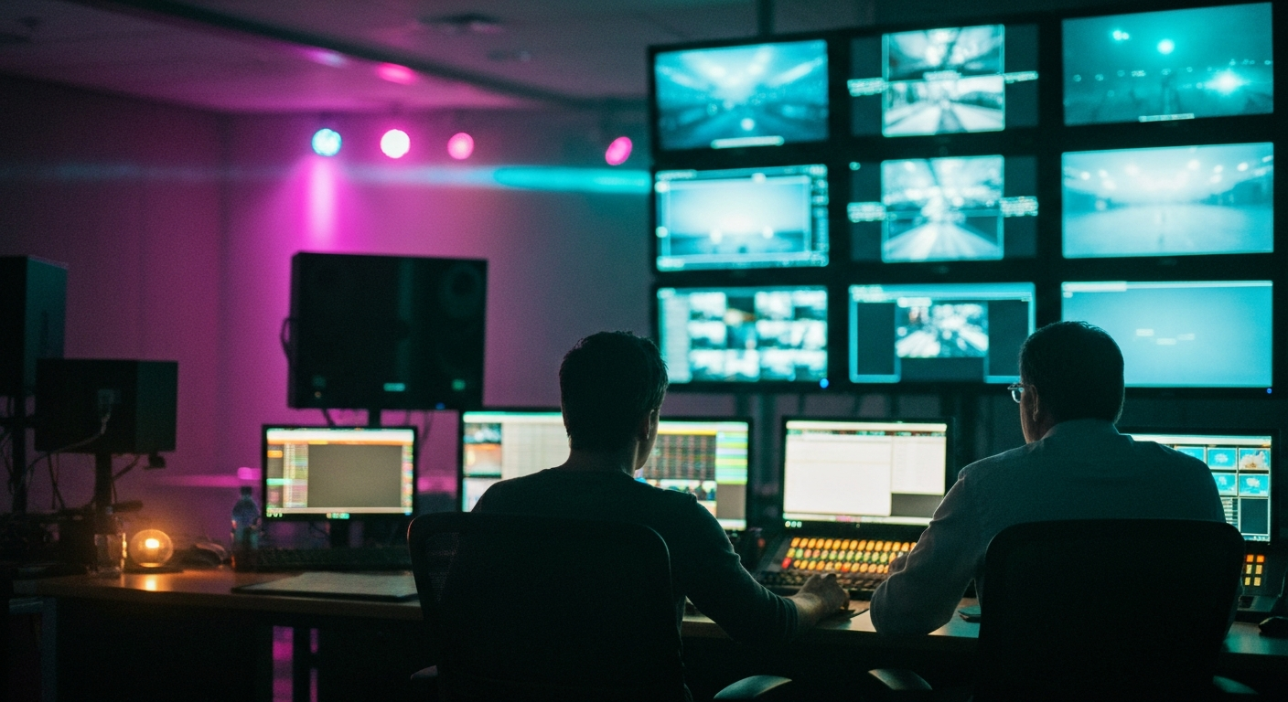 Broadcast control room with multiple monitors showing live conference feeds