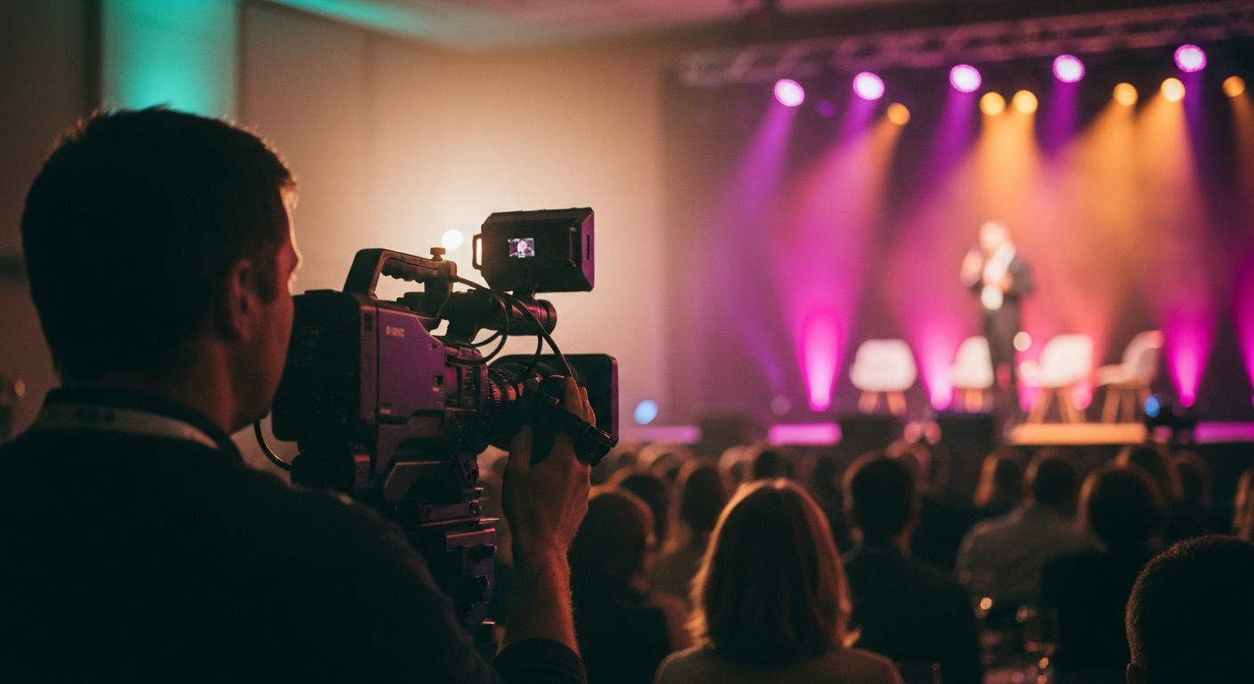 Camera operator with shoulder-mount camera capturing a speaker on a conference stage