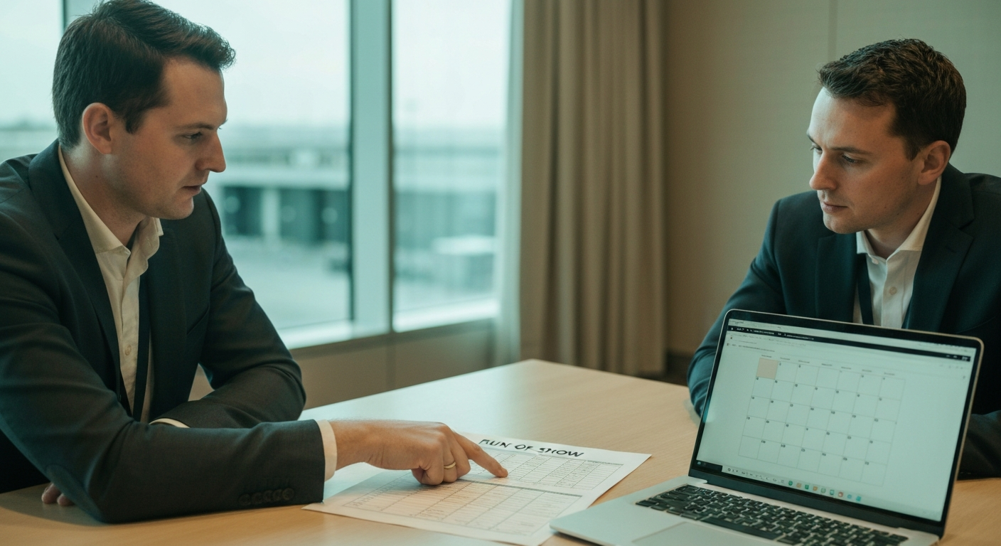 Two professionals reviewing a printed run-of-show at a clean table