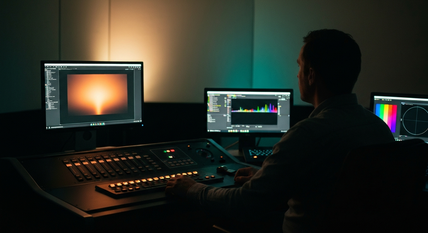 Editor at a color-grading console in a dimmed editing suite