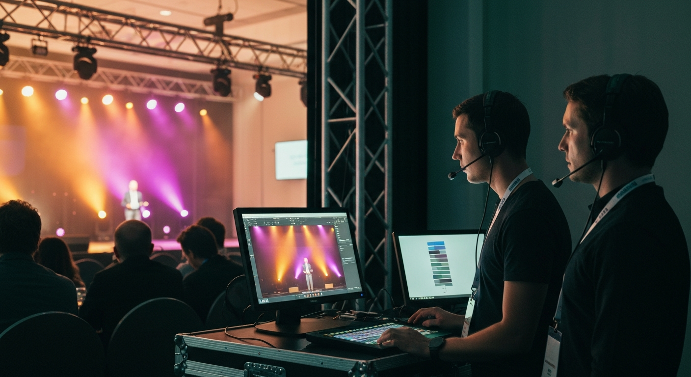 Two production operators at a side-stage workstation during a live conference broadcast, monitoring the feed and the live outputs on adjacent screens with the stage visible in the background