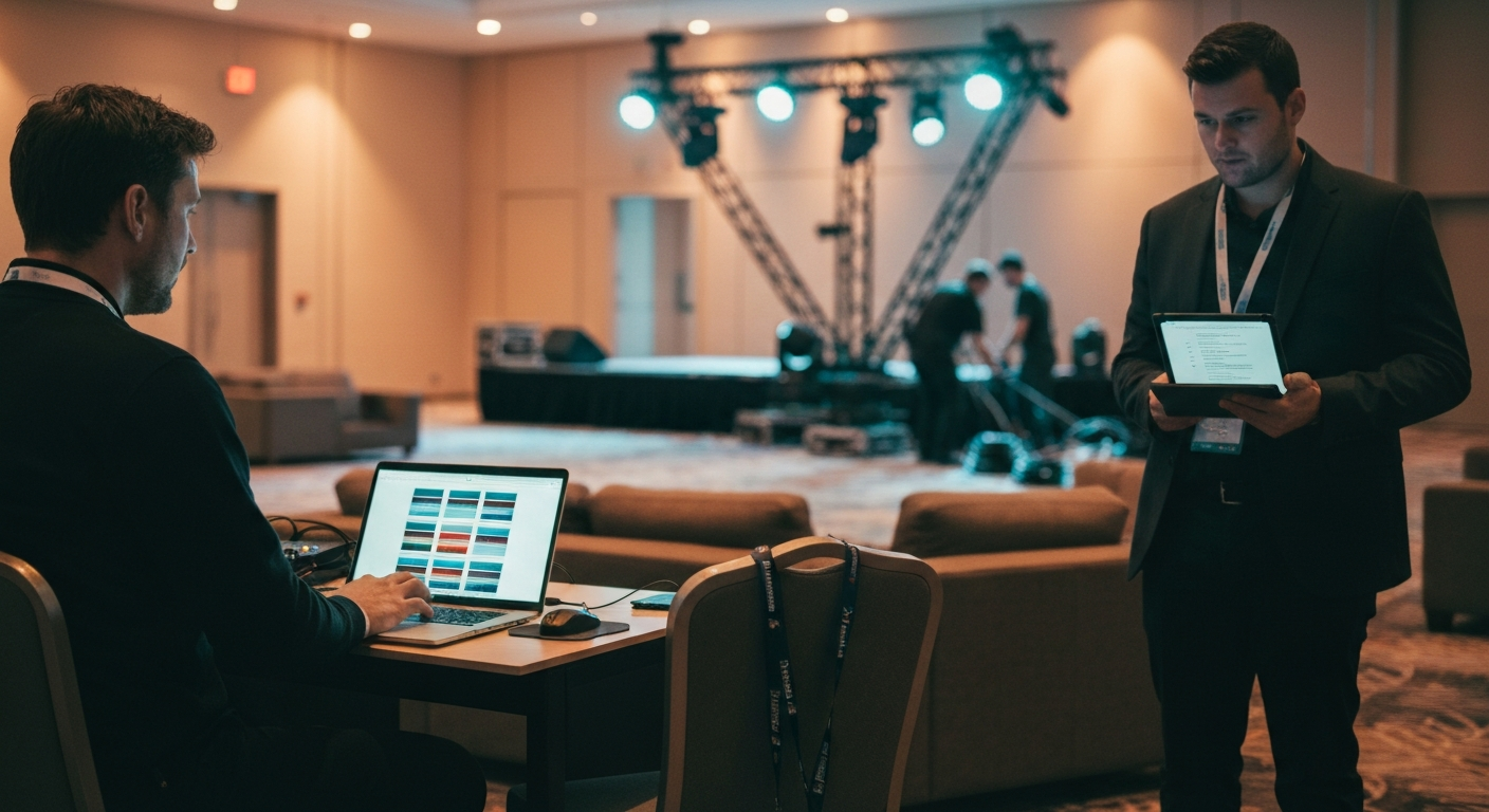 Production team at a venue lounge workstation post-ceremony delivering Speaker Kits and social asset library to a partner channel team while the room is still being packed down in the background