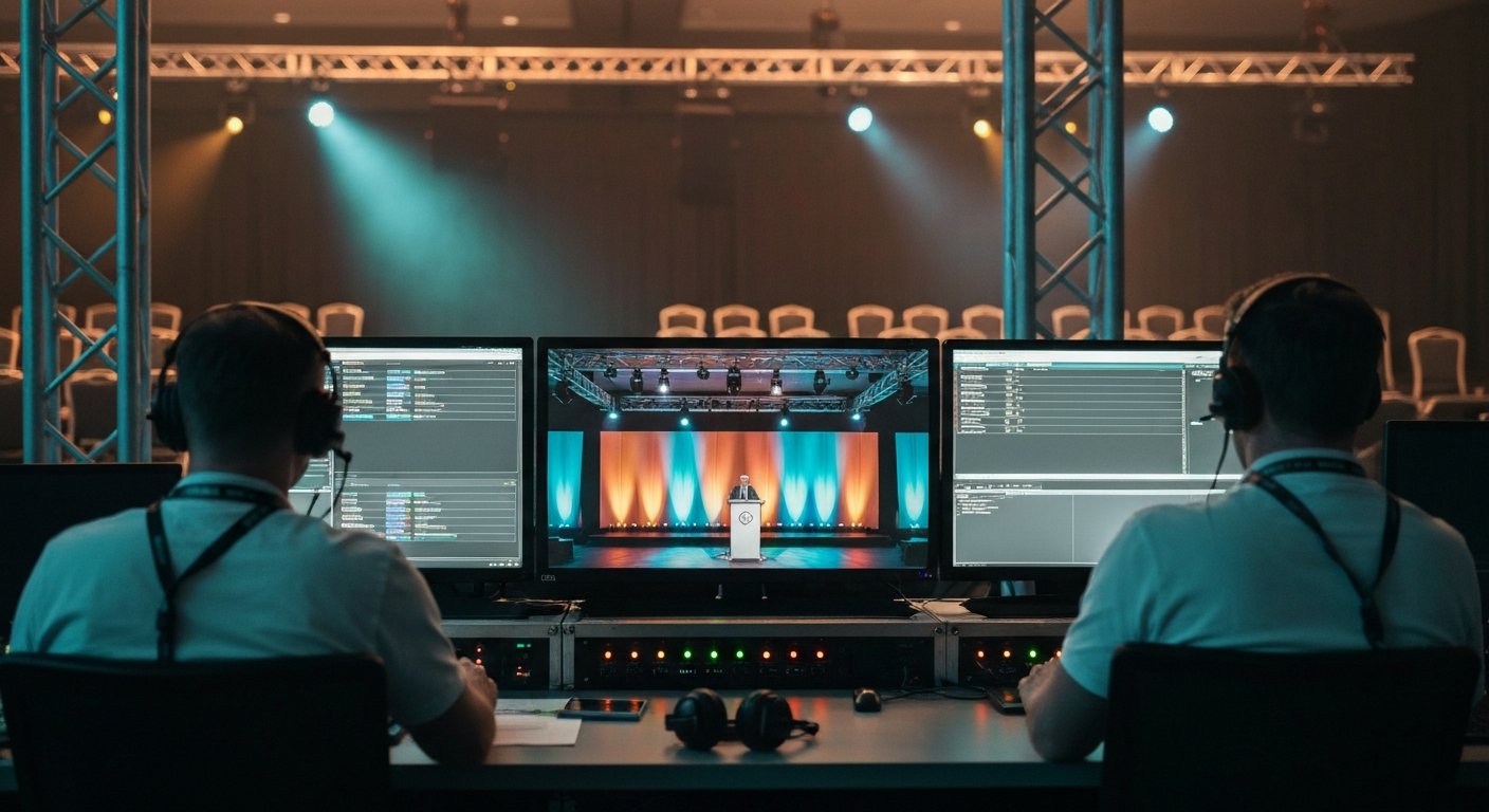 Side-stage control room at a conference venue during dress rehearsal with the production team running through the live content workflow on multi-monitor workstations