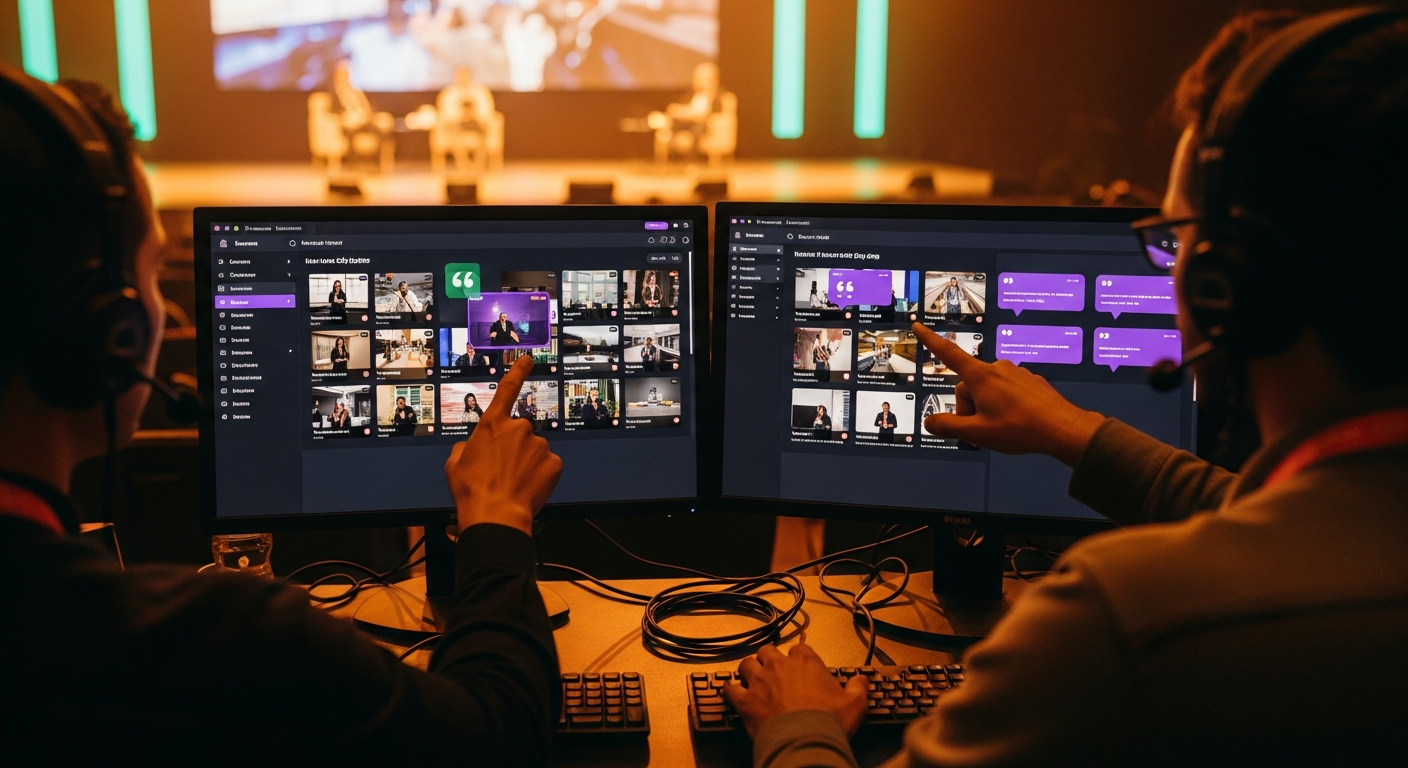 A side-stage production area during a live conference session, two operators at a multi-monitor workstation cutting and captioning footage in real time, amber and teal stage lighting in the background, lanyards and headsets, no readable text on screens