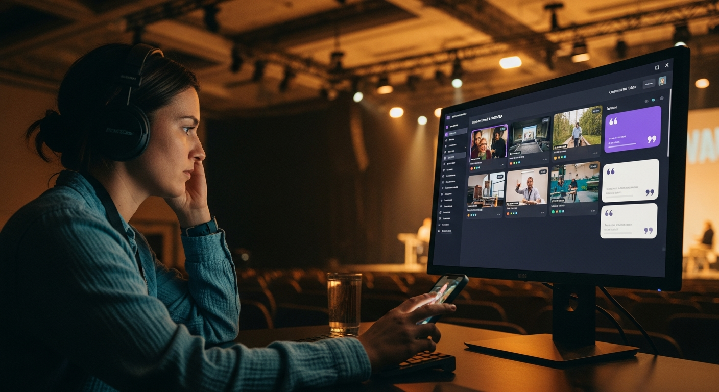 A content producer at a side-stage workstation the same evening as a conference, publishing vertical clips and quote cards on a multi-monitor setup with abstract no-text interfaces, the main stage with amber lighting soft-focus behind, lanyard around the neck