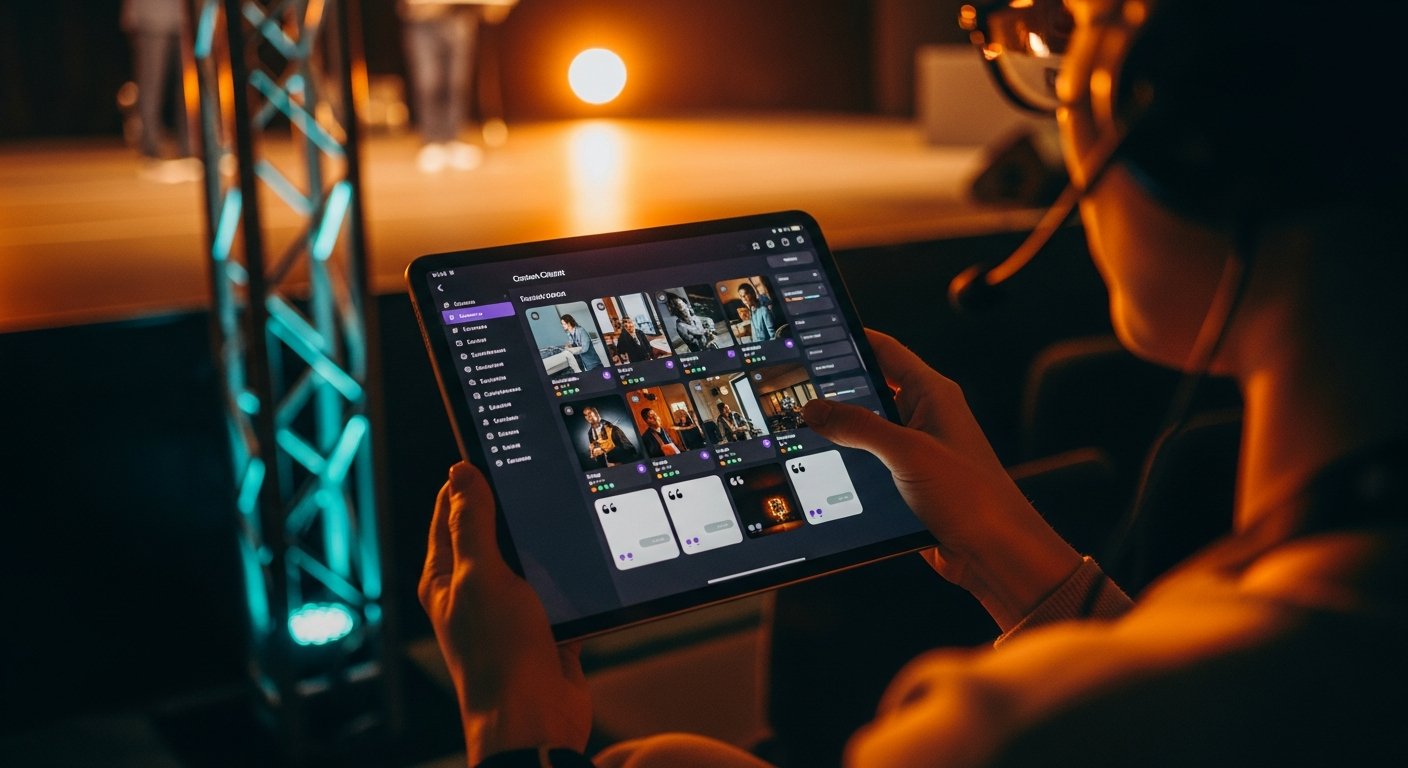 An over-the-shoulder shot of a content producer backstage at a conference reviewing finished post assets on a tablet, the screen showing a dark content dashboard with a grid of clip thumbnails, quote-card panels, and a content-type sidebar, thumb mid-swipe across the grid, stage truss and a warm amber glow softly behind, lanyard and headset