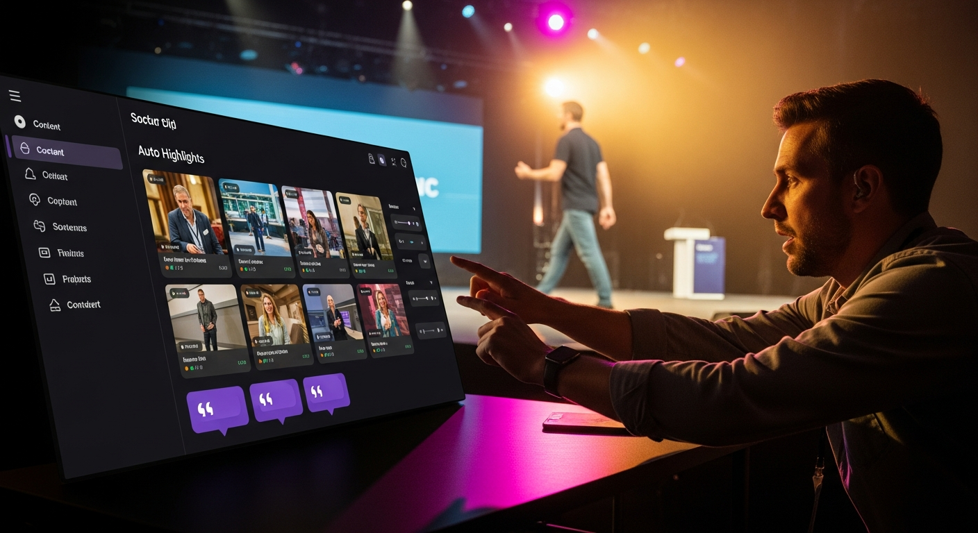 A keynote speaker walking off a brightly lit conference stage while a content producer at a side-stage desk races to cut the moment on a multi-monitor workstation, magenta and amber stage lighting, motion energy, no readable text on screens