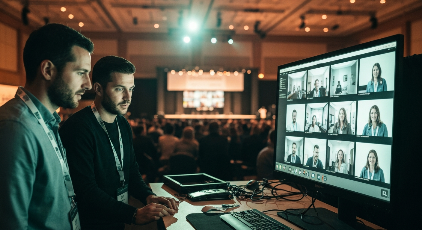 A content producer and an event organizer at a side-stage workstation in a conference venue, reviewing a set of finished event recap examples on screen, the stage and audience visible in soft focus under warm amber lighting