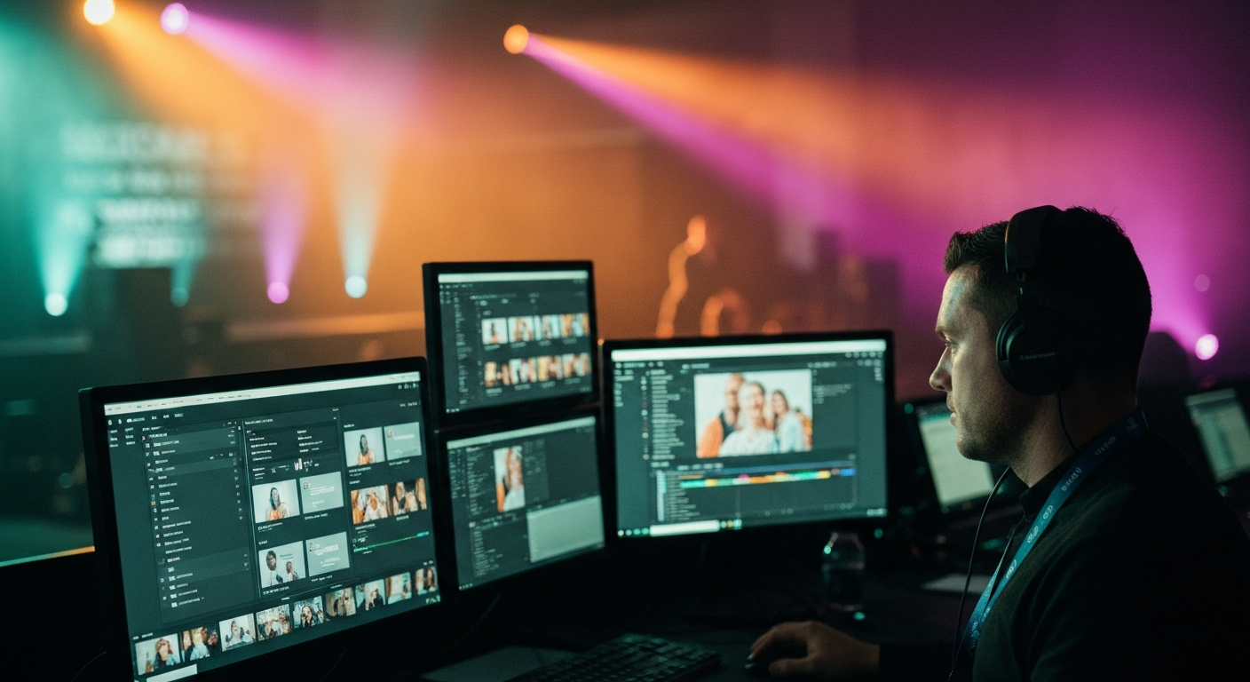 A producer at a multi-monitor side-stage workstation during a live conference, building recap highlight clips and quote cards on screen as a session runs, keynote stage lighting glowing in the background