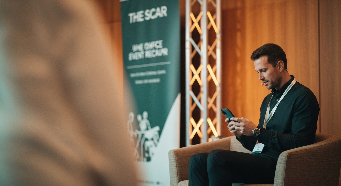 A conference speaker sharing a finished event recap from a phone in a venue lounge, lanyard still on, blurred event signage and warm lighting behind