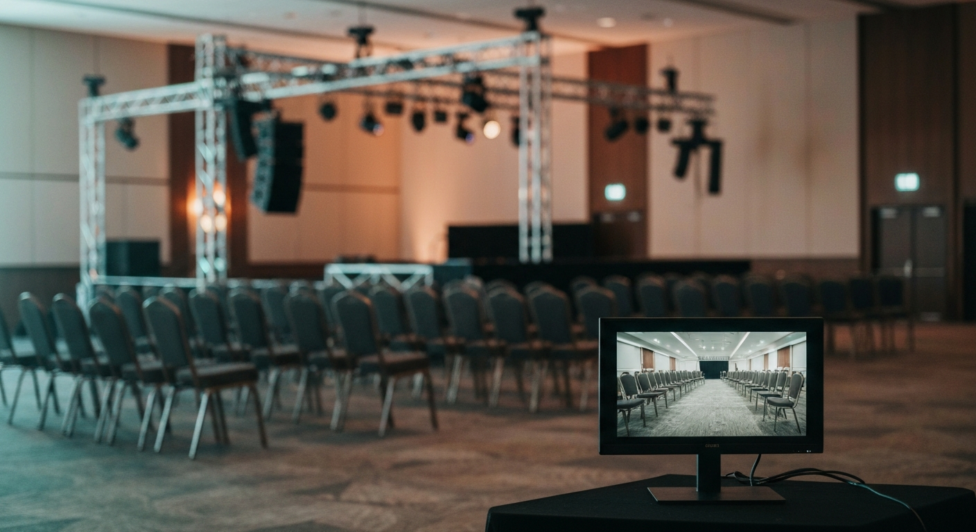 A cinematic event highlight reel playing on a monitor in a near-empty conference venue during teardown, stacked chairs and a half-struck stage in the background, the polished video landing after the room has emptied