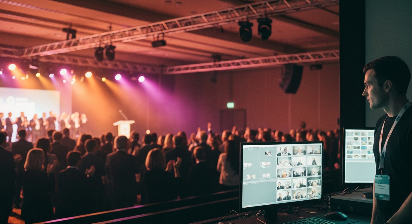 The final minutes of an evening award ceremony, audience on their feet applauding under warm stage lighting, a content producer at a side-stage workstation in the foreground reviewing finished assets on a screen