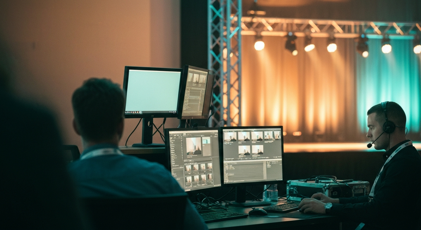 A side-stage production area at a conference during a live event, two producers at a multi-monitor workstation cutting and captioning session footage in real time, stage lighting visible in the background beyond the desk