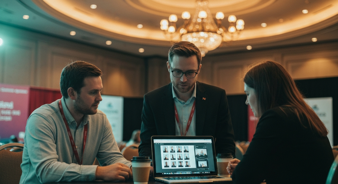A conference organizer and a content producer reviewing finished recap assets together on a laptop at a quiet table in a venue, soft amber lighting, event signage out of focus behind them