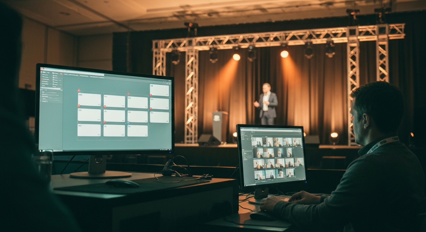 A content producer at a side-stage workstation during a conference, building recap assets on screen while the session continues on a stage visible in the soft-focus background, lanyard around the neck