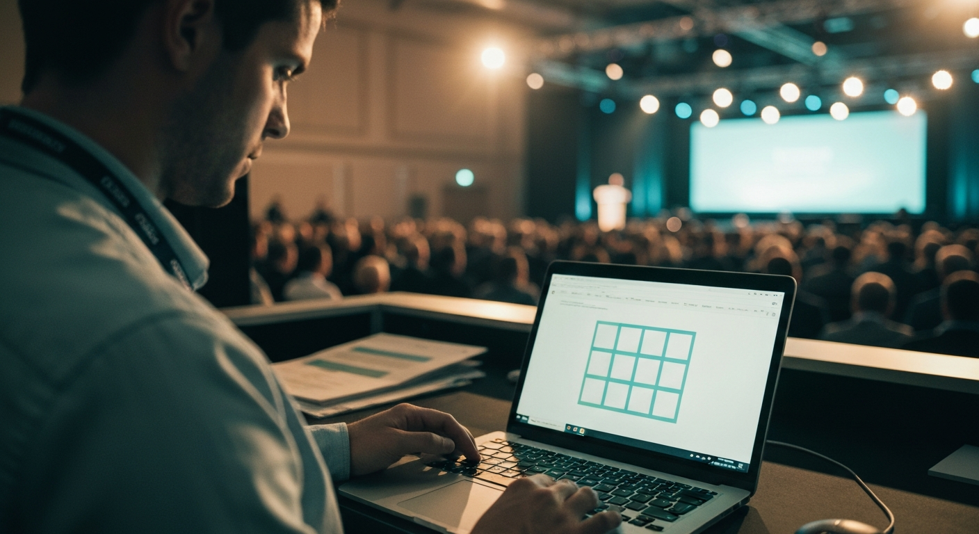 A content producer at a side-stage workstation in a conference venue reviewing a structured event recap on screen, the stage and audience visible in soft focus under warm lighting