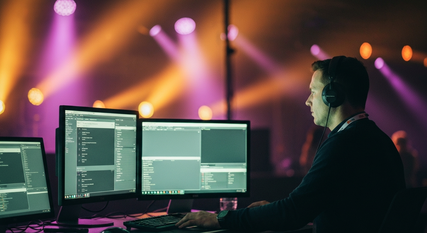 A producer at a multi-monitor side-stage workstation during a live conference, a structured recap filling in on screen as sessions run, keynote stage lighting glowing behind