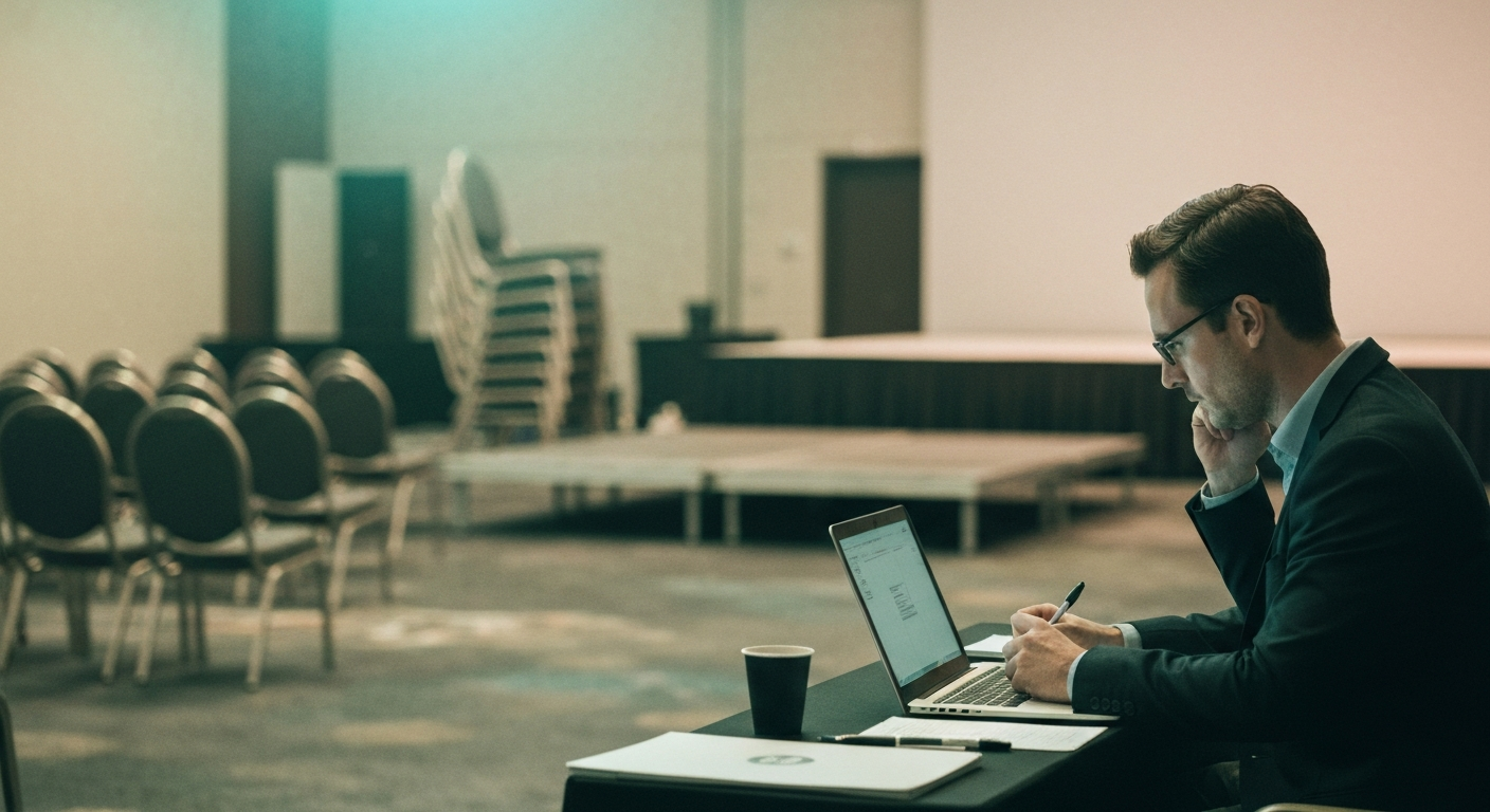 An event organizer alone at a laptop the morning after an event, writing a recap from memory, an empty venue being struck down in the soft-focus background