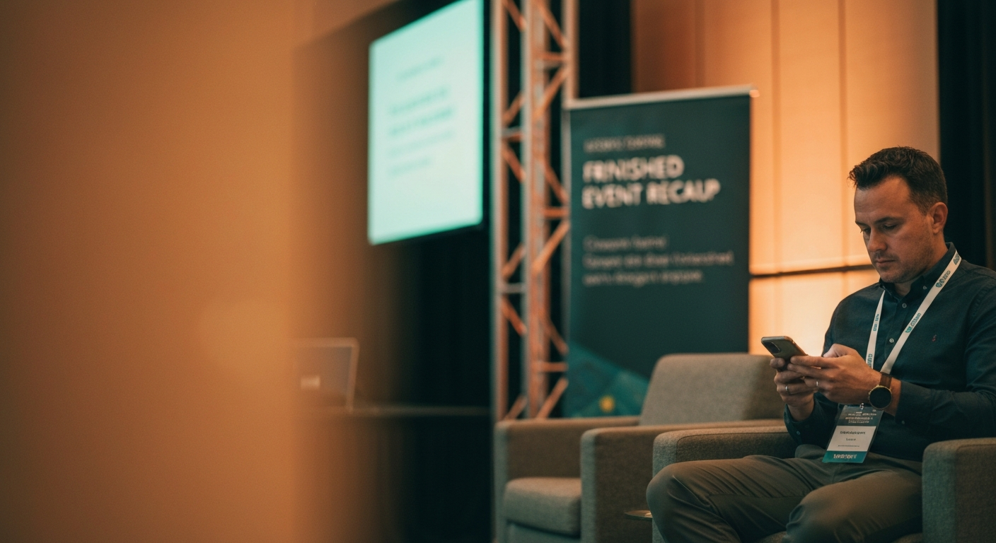 A conference attendee reading a finished event recap on a phone in a venue lounge, lanyard still on, blurred event signage and warm lighting behind them