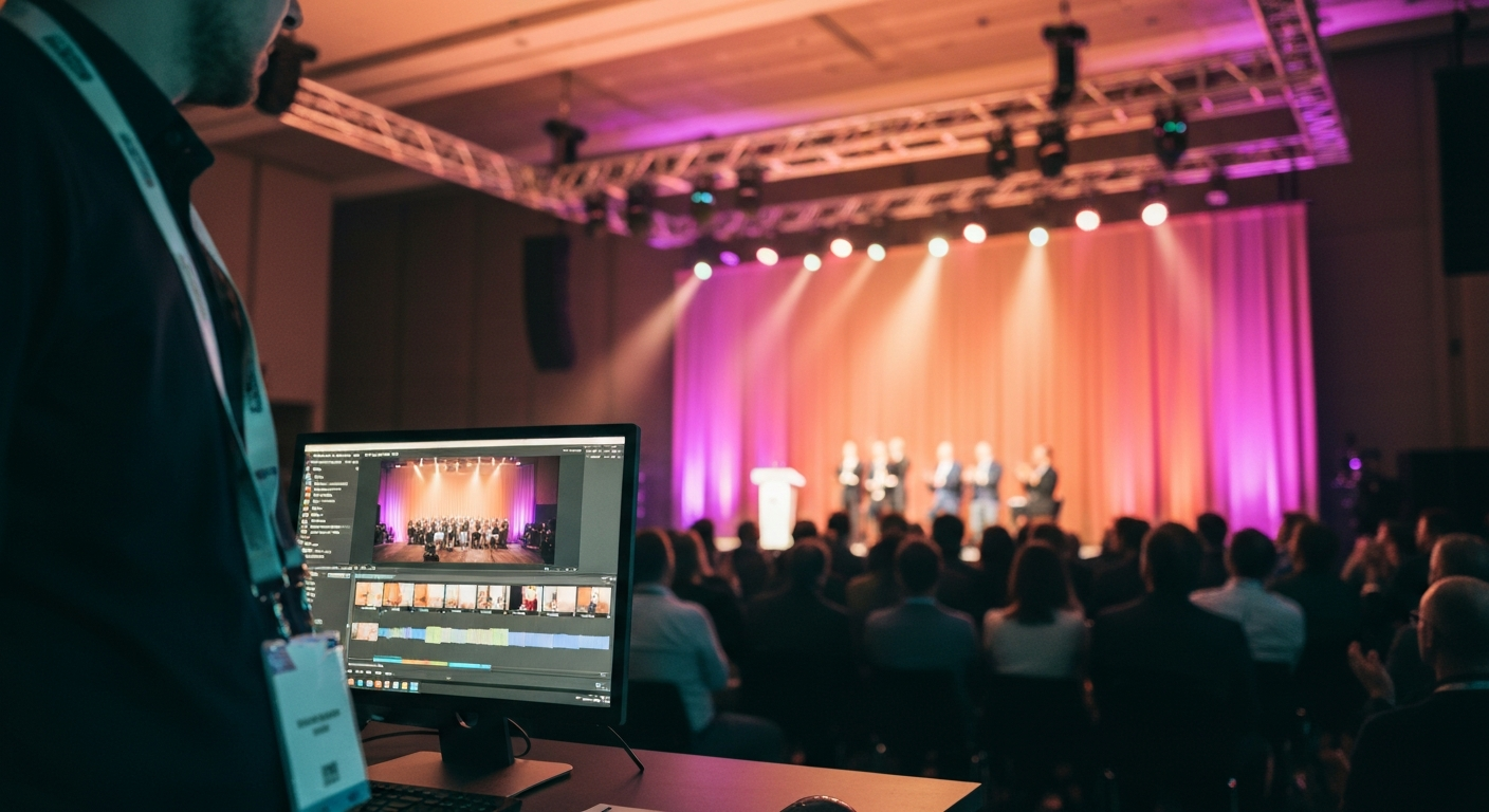 A content producer at a side-stage workstation in a conference venue reviewing a finished highlight cut on screen, the stage and applauding audience visible in soft focus behind the desk under warm lighting
