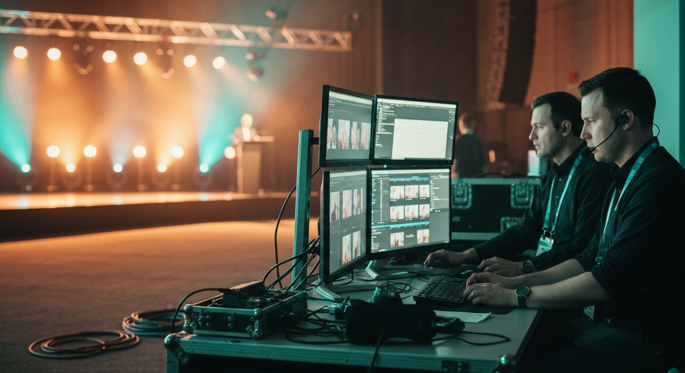 Two producers at a multi-monitor side-stage workstation during a live conference, cutting and captioning highlight clips in real time while keynote stage lighting glows in the background