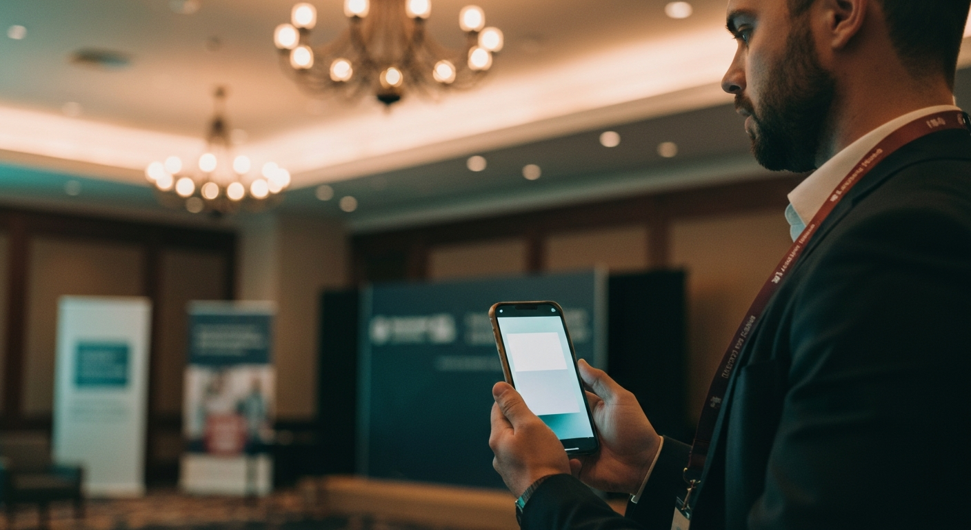 A conference speaker in a venue lounge watching a finished highlight clip of their session on a phone, lanyard still on, soft amber light from the venue, event signage out of focus behind them