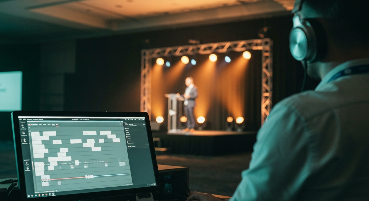 A producer at a venue side-stage workstation assembling a short highlight cut on a timeline, headphones on, the live session continuing on a stage in the blurred background, lanyard around the neck