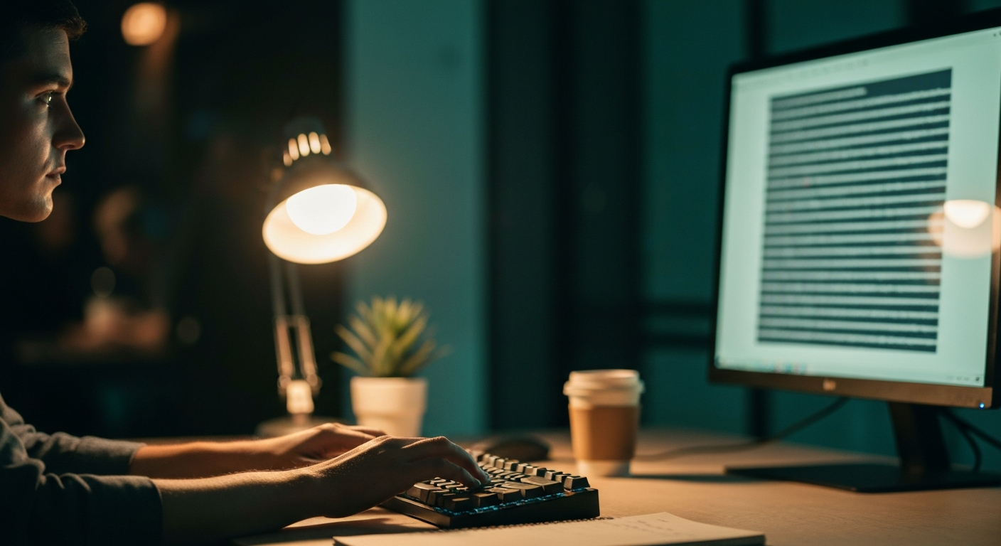 Hands typing on a mechanical keyboard at a writer's desk in evening light
