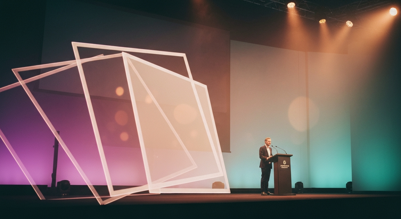 Conference stage with abstract overlapping content formats fanning out from the speaker