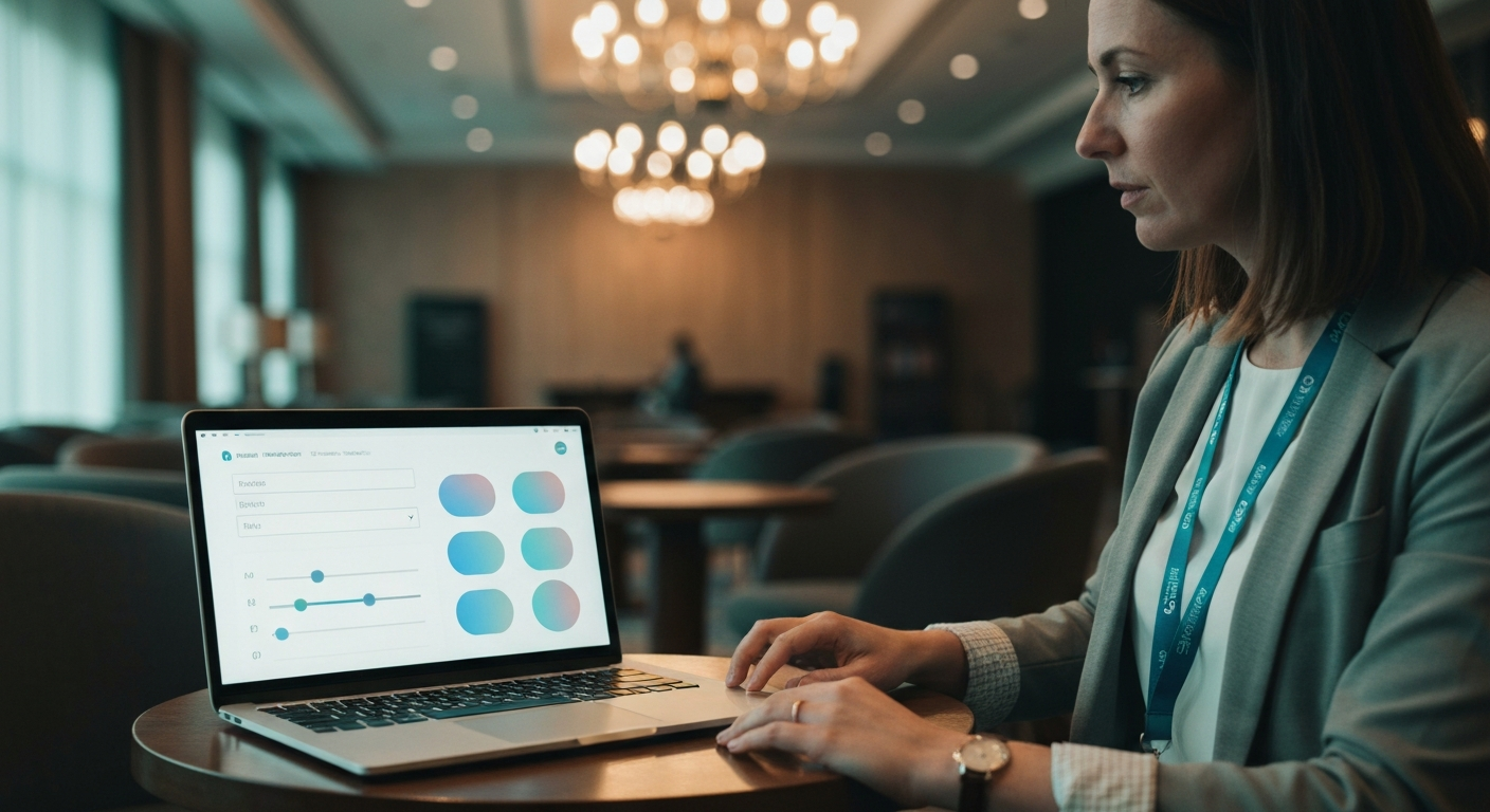 Producer using a laptop showing an event content ROI calculator with input fields and projected output numbers
