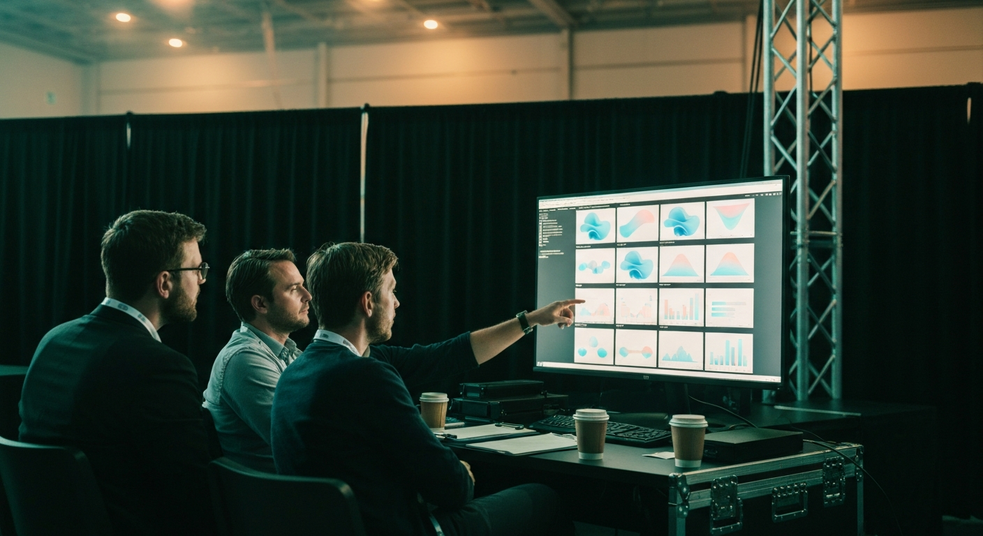 Event marketing team reviewing content performance dashboards in a quiet office at the end of a conference day