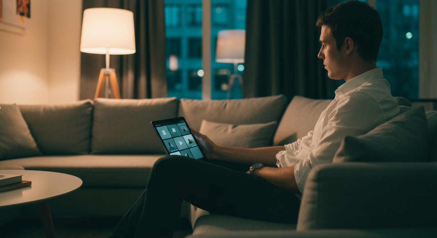 Person on a sofa using a tablet to browse a video library interface