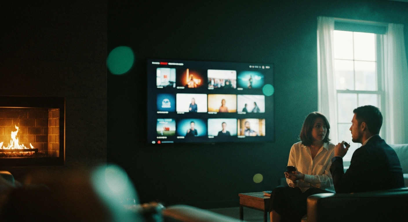 Large screen in a contemporary loft displaying a Netflix-style grid of video thumbnails