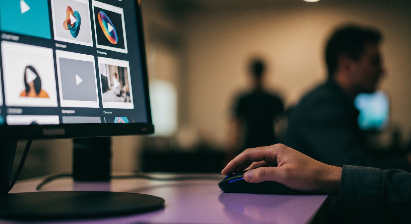 Close-up of a hand using a mouse to hover over a video thumbnail in a grid layout
