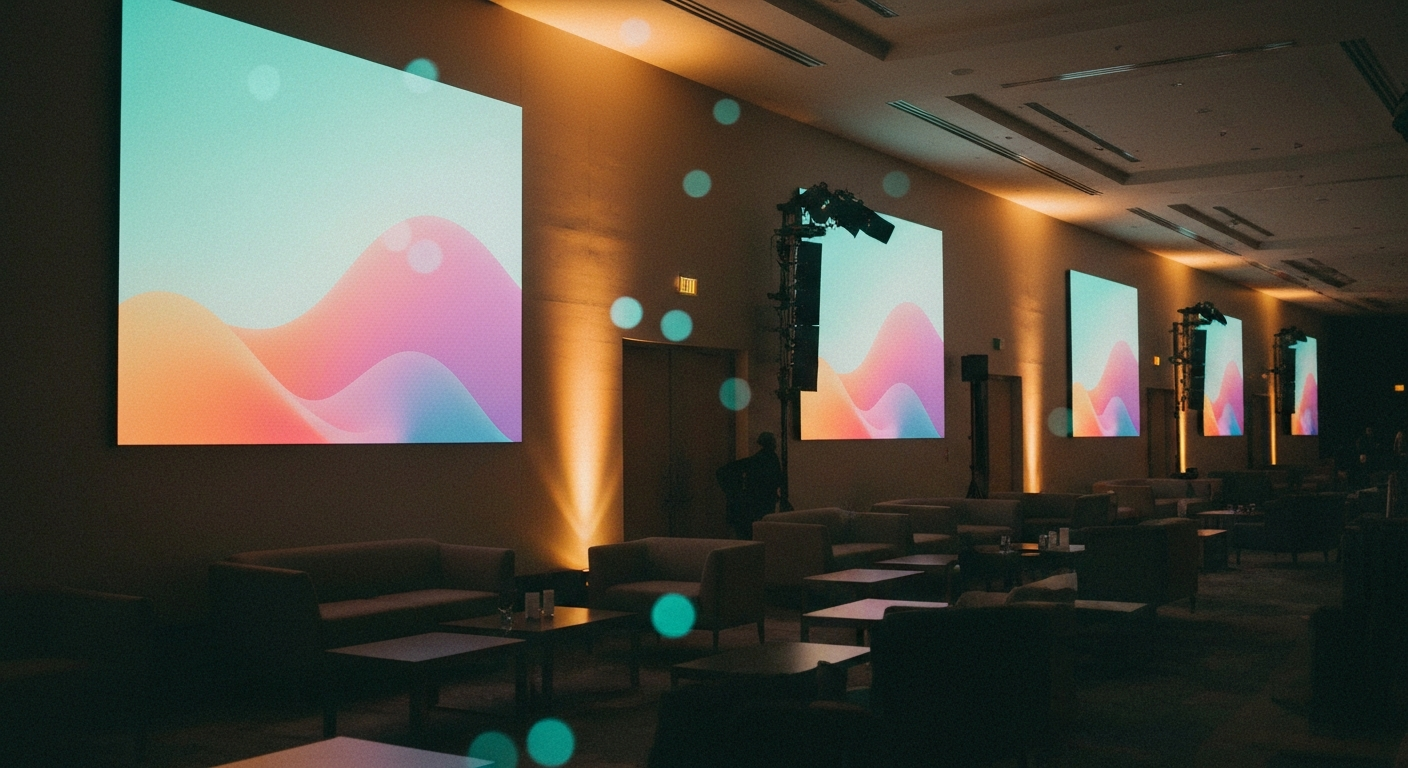 Modern event lounge with large screens displaying soft branded backgrounds