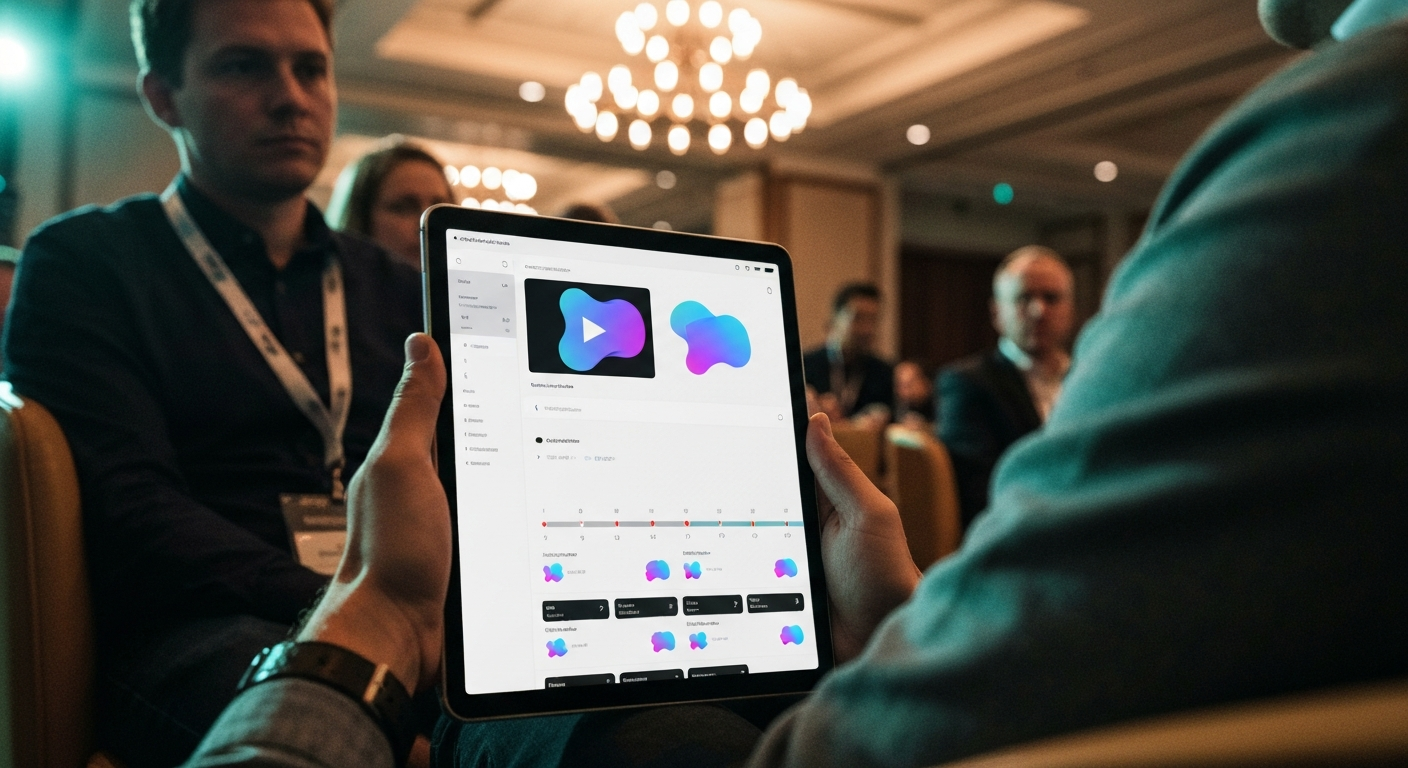 Conference attendee with a lanyard sitting in a venue lounge, exploring session content on a tablet, other attendees softly blurred in the background under warm venue lighting