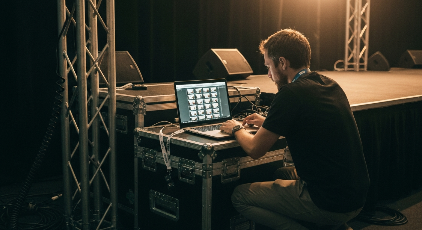 Content producer at a flight-case workstation backstage at a conference, uploading session footage on a laptop, stage truss and cabling around them under low side lighting