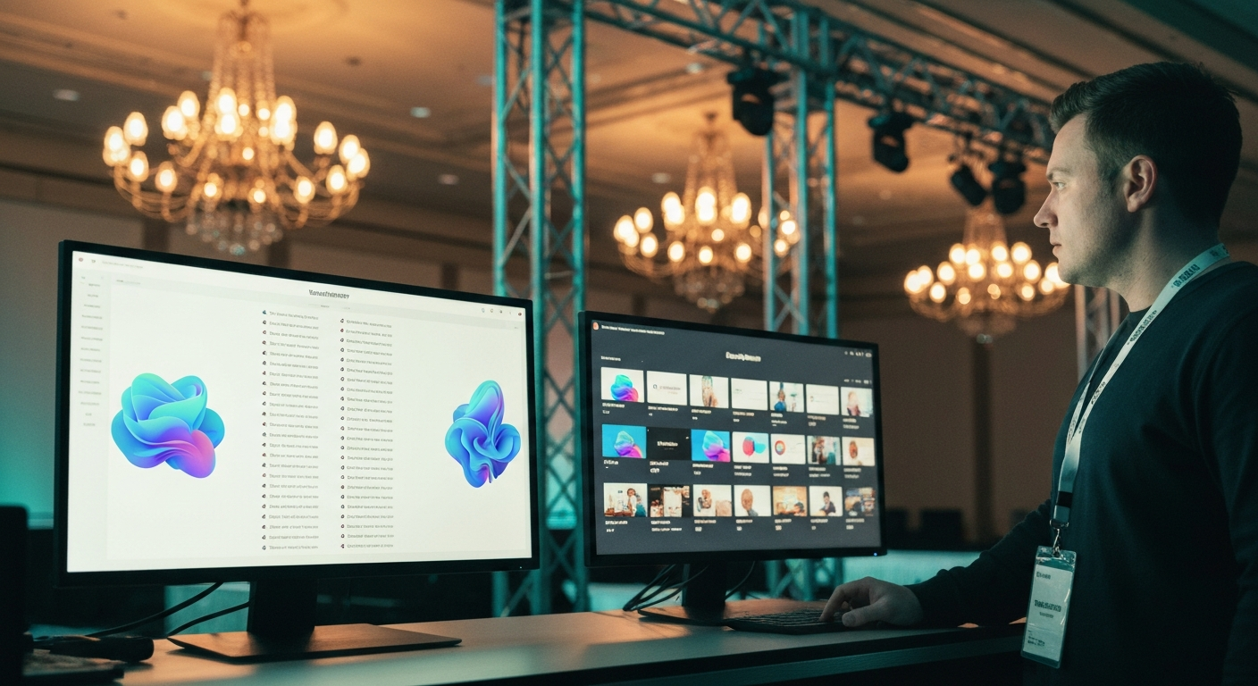 Conference content producer at a side-stage workstation reviewing a large monitor filled with an abstract grid of session video thumbnails, venue chandeliers and amber stage light bokeh behind