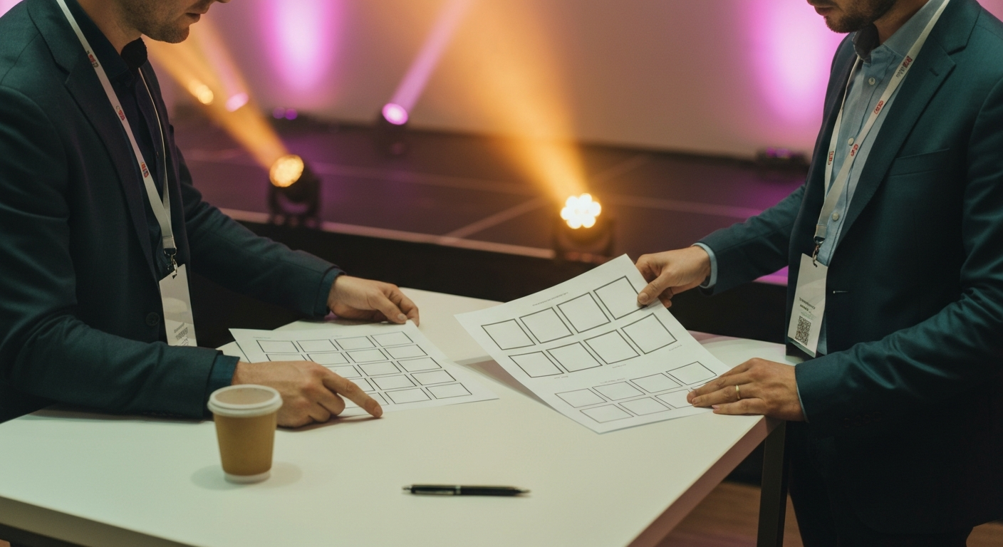 Conference organizer and a content producer reviewing a printed run-of-show at a clean table near the stage, soft amber and magenta stage light spilling across the surface