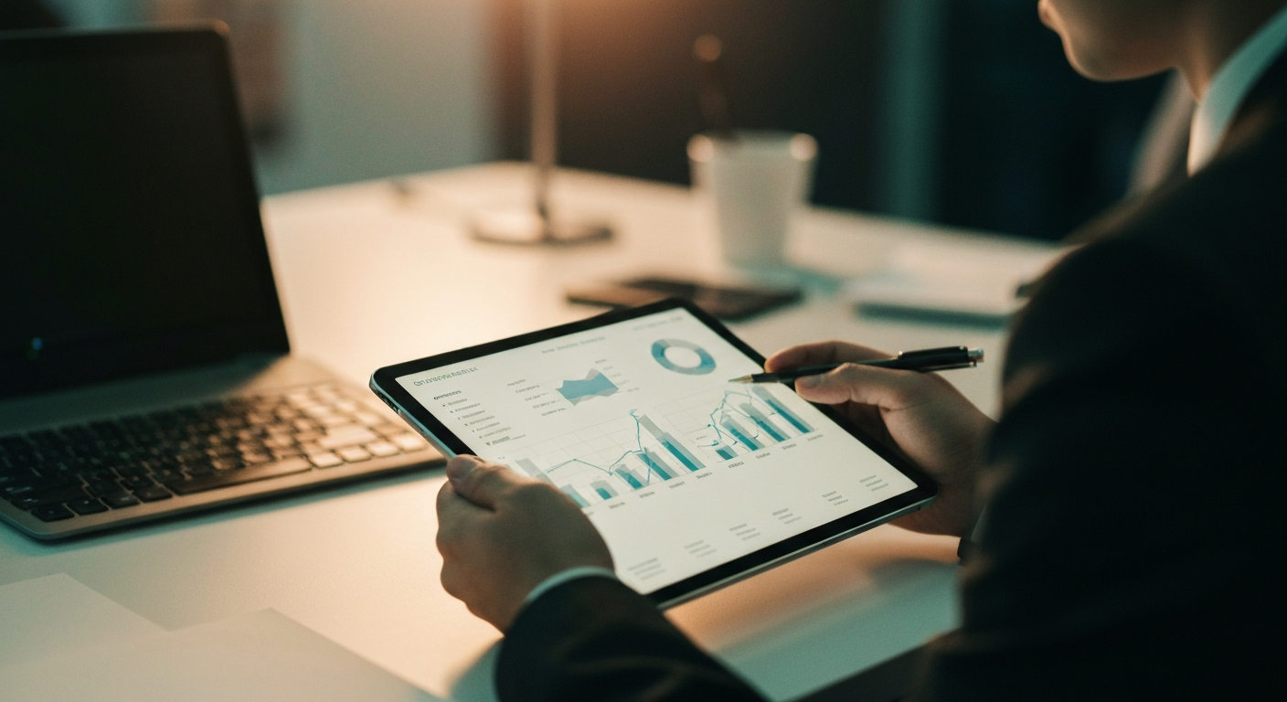 Tablet displaying abstract data visualizations with bar charts and line graphs
