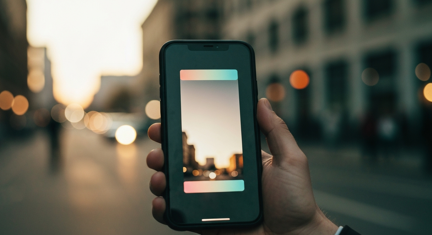 Smartphone held vertically showing a clip with subtle branded gradient framing