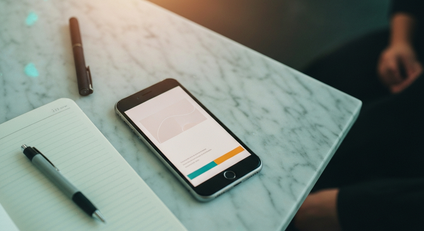 Smartphone on a marble desk displaying an abstract quote card with a branded color band