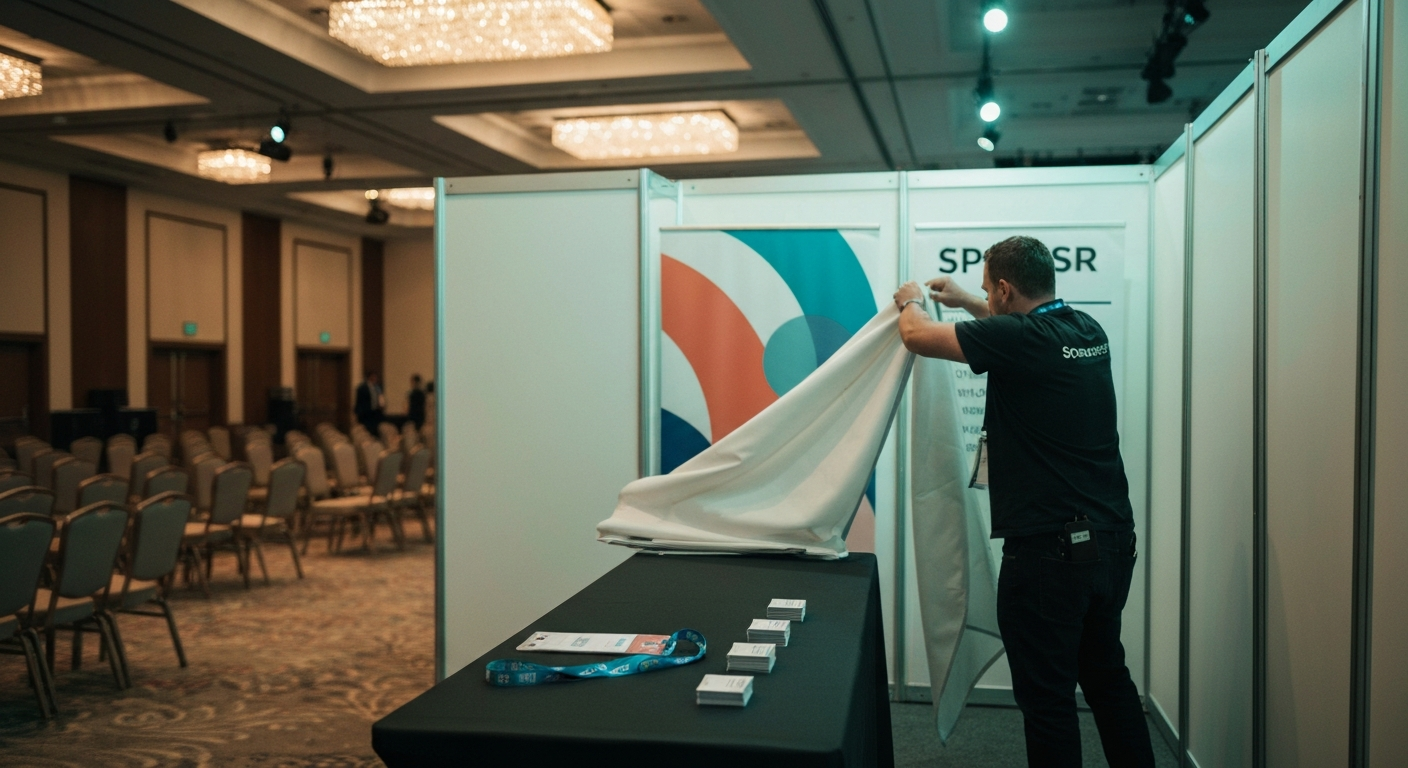 Sponsor booth being packed down in an empty conference hall, lanyard left on the table, side lighting from venue chandeliers