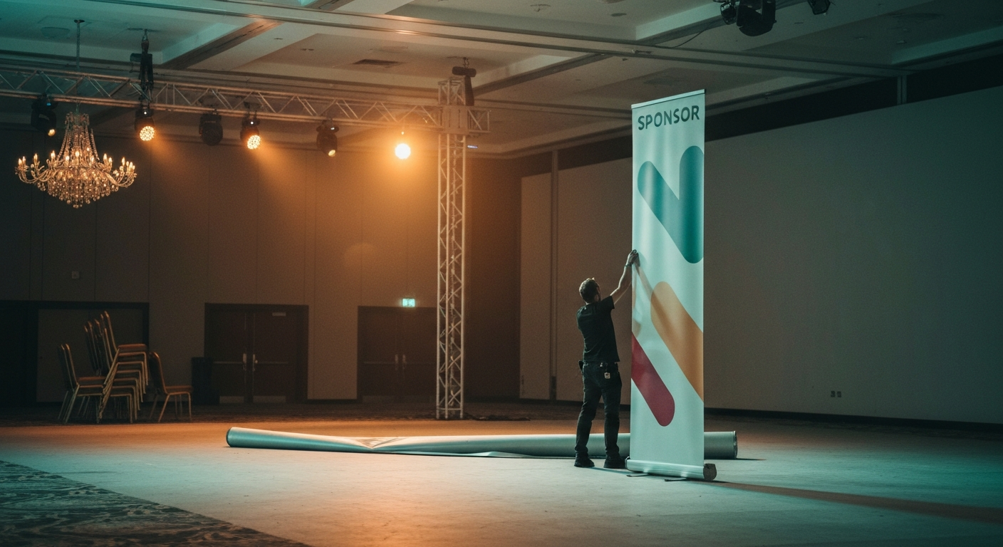 Empty conference floor at end of event, sponsor pull-up banner being lowered by a crew member under amber stage lights