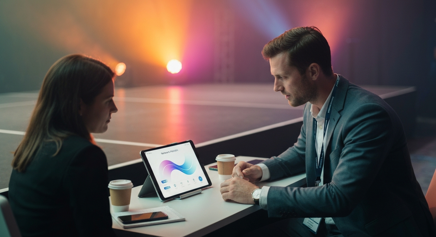 Conference organizer at a side-stage workstation showing a sponsorship manager a tablet displaying abstract showroom analytics, soft amber and magenta stage light spilling in
