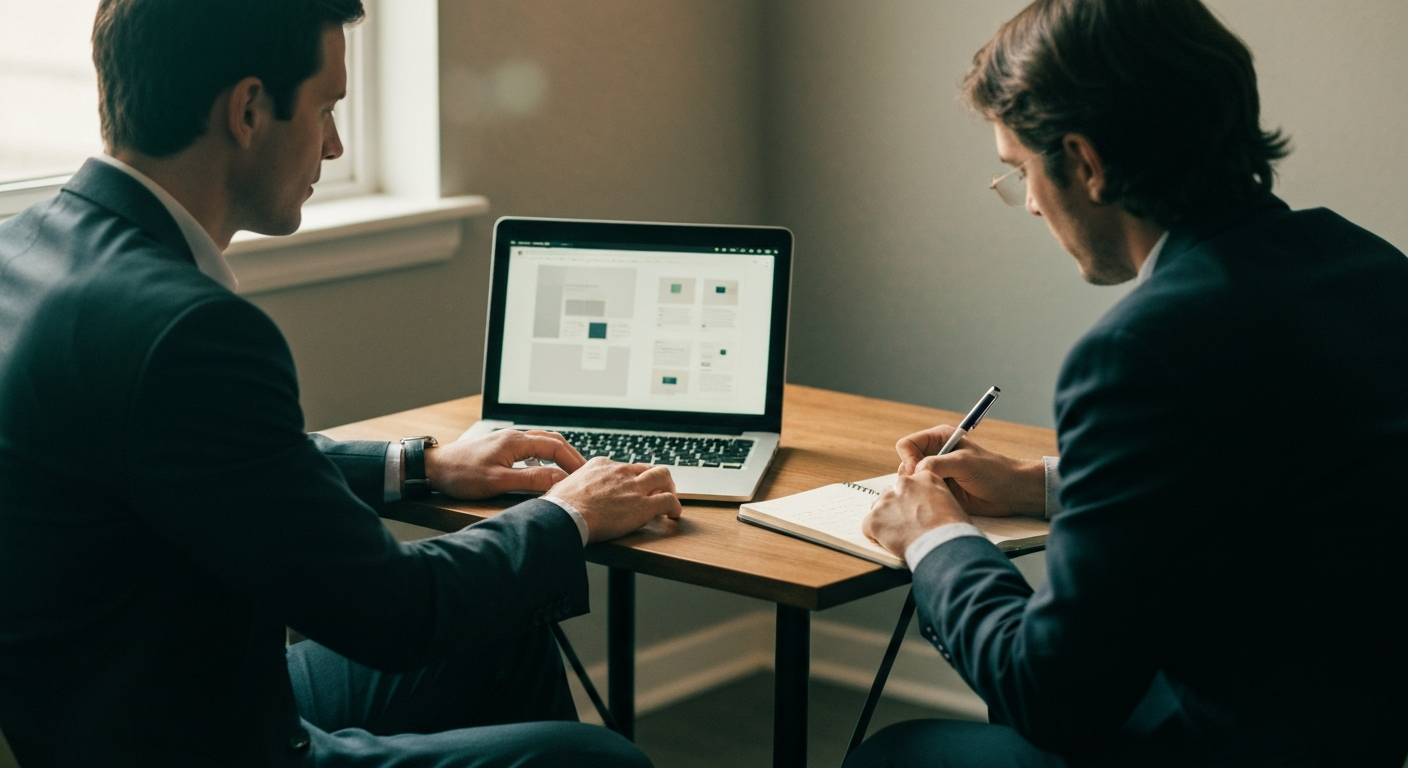 Two people across a small table during a focused 30 minute conversation, one sharing a laptop screen, the other taking notes